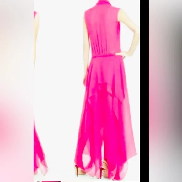 BCBG Basha Begonia Barbie Pink Bow Tie Long Silk Sheer Chiffon Tiered Maxi Dress